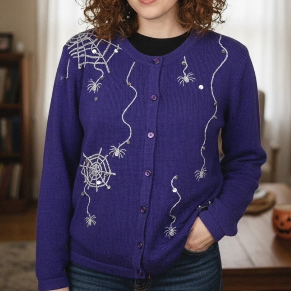 Quacker Factory Purple Halloween Spiderweb Button Cardigan Sweater SMALL Vintage